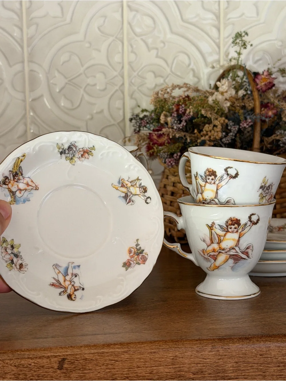 Porcelain Cherub Tea Set - White with Gold Trim